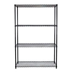 the four tier shelving unit is black and has three shelves on each side, one with