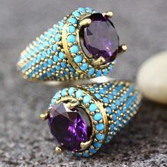 Gothic Turquoise Beaded Amethyst Gold Ring - AtPerry's Healing Crystals Ring Party Jewelry, Purple Rings, Carved Ring, Amethyst Gold, Zircon Jewelry, Estilo Punk, Men's Jewelry Rings, Amethyst Beads, Jewelry Wedding