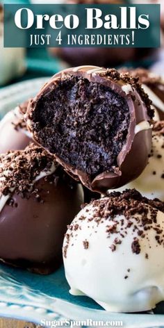 chocolate covered oreo balls on a blue plate