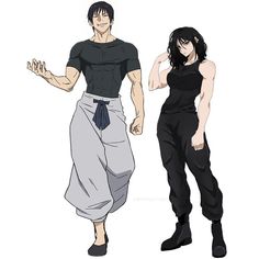 two anime characters standing side by side, one in black and the other in grey