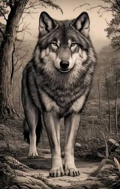 a wolf standing in the middle of a forest