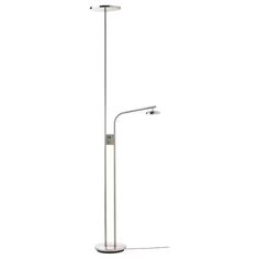 a white floor lamp with a metal pole and two lights on each side of it