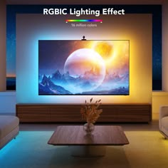 an image of a living room setting with lights on the wall and large television screen