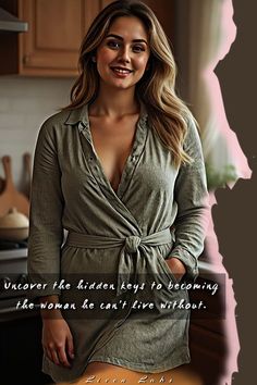 a woman standing in a kitchen next to a counter top with a quote on it