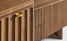 the sideboard is made out of wood and has brass knobs on each end