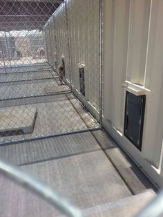 the dog door is open on the outside of the fenced in kennel area