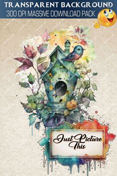 an image of a birdhouse with watercolor paint on it and the words just pictures this