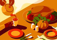 a thanksgiving dinner with turkey and apples on the table