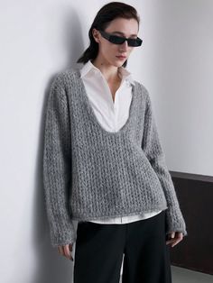 Women's Crewneck Long Sleeve Knit Sweater, 4% Alpaca Wool, Grey, Suitable For Autumn/Winter Grey Casual  Long Sleeve Knitwear Plain Pullovers Slight Stretch  Women Clothing, size features are:Bust: ,Length: ,Sleeve Length: Gray Chunky Knit Long Sleeve Sweater, Oversized Gray Textured Knit Sweater, Oversized Knitted Sweaters, Oversize Knit, Long Sleeve Knit Sweaters, Boatneck Sweater, Womens Crewneck, Warm Sweaters, Women's Shapewear