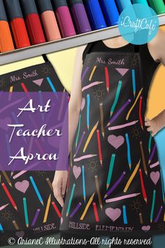 Colored pencils art teacher apron Teacher Apron, Teachers Gifts, School Librarian, Teacher Supplies, Personalized Art, Personalize Art, Art Teacher