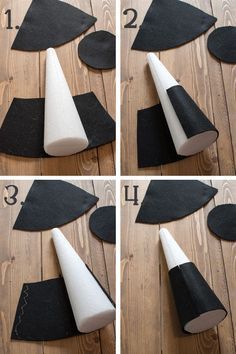 four pictures showing how to make a cone with felt on the top and bottom side