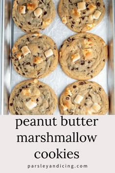 chocolate chip cookies with marshmallows in the middle and text overlay that reads peanut butter marshmallow cookies