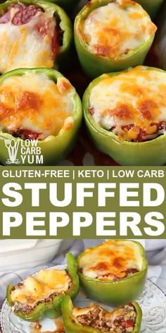 stuffed peppers on a plate with the title in the middle and an image above it