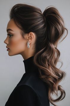 15 Gorgeous Ponytail Ideas for Effortless Elegance Big Low Ponytail, Ponytail Event Hair, Loose High Ponytail Hairstyles, Hairstyle Tail Elegant, Brunette Bridesmaid Ponytail, Updo For Party, Soft Ponytail Hairstyles Wedding, Party Hairstyles Ponytail, Classy High Ponytail Hairstyles