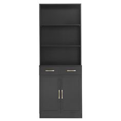 a tall bookcase with two doors and one door open on the bottom, in dark grey