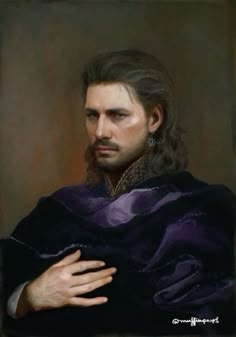 a painting of a man with long hair and wearing a purple cloak, holding his hand out