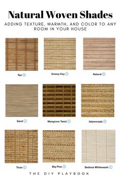 the natural woven shades for different types of windows and doors are shown in various colors