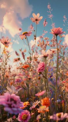 a field full of colorful flowers under a blue sky