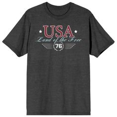 Experience the essence of American pride and freedom with this men's charcoal heather Americana crew neck short sleeve t-shirt. Featuring vibrant red, blue, and white text that proudly reads "USA Land of the Free 76," this custom-designed shirt showcases your patriotic spirit in style. Made with high-quality cotton and polyester, it offers comfort and durability for everyday wear. Machine washable for convenience, it's the perfect addition to your American-inspired wardrobe. Star Wars Men, Target Clothes, Converse With Heart, Land Of The Free, Men Short Sleeve, Graphic Tee, Print T Shirt, Age Group, Top Shirt