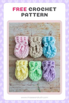 four crochet baby booties with the text, free crochet pattern