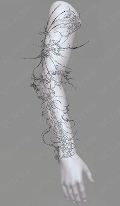 a drawing of a woman's arm with flowers and vines on the arm, in black