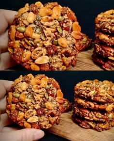 three different pictures of cookies with nuts and other toppings on top of each cookie