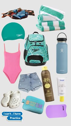 the contents of a woman's swimsuit and accessories