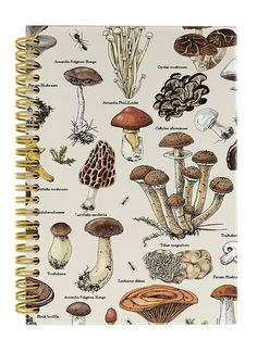 a spiral notebook with various mushrooms on it