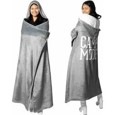 One-Size-Fits-Most 50" x 60" main section. Oversized 11" hooded blanket with 8" square pockets and a 6.5" openingsuper soft royal plush 100% polyester 320 GSM material. All white interior with a gray exterior and large white "Camp Mode" sentiment printed onto the center back of the cloak. The pockets are perfect for putting hands into to wrap up tight with warmth and maybe even hold some small snacks or a phone. Machine wash cold on a gentle cycle with like colors; do not use bleach. Tumble dry Oversized Blanket Hoodie, Over Sized Hoodie Blanket, Comfys Blanket Hoodie, Wearable Blanket Hoodie, Shark Wearable Blanket, Gray Exterior, Grey Exterior, Small Snacks, Hooded Blanket