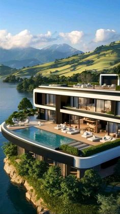 an artist's rendering of a modern house on the edge of a body of water