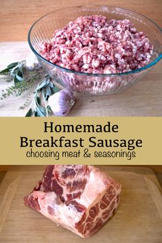 homemade breakfast sausage with meat and seasoning in a glass bowl on a cutting board