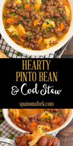 hearty pinto bean and cold stew in a white bowl