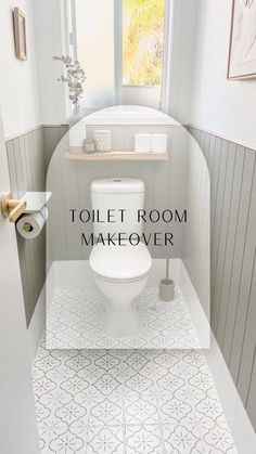 the toilet room makeover is in white and grey with black lettering that reads, toilet room makeover