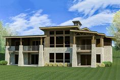 this is an artist's rendering of a house in the country side with stone pillars and balconies