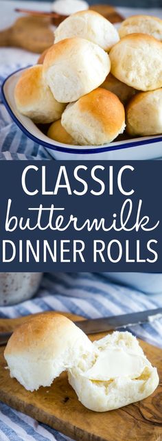 classic buttermilk dinner rolls on a wooden cutting board with blue and white stripes