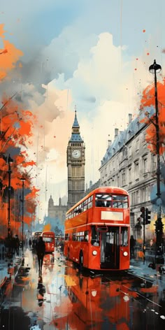 a painting of a red double decker bus on a city street with big ben in the background