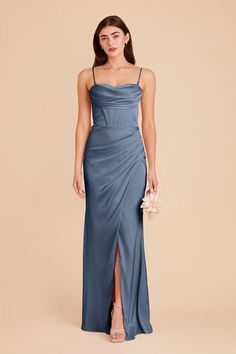 Carrie Eucalyptus Matte Satin Bridesmaid Dress | Birdy Grey Grey Blue Bridesmaid Dresses, French Blue Bridesmaid Dress, Dark Teal Bridesmaid Dresses, Bridesmaid Satin Dresses, Dark Blue Bridesmaid Dresses, Teal Bridesmaid Dresses, Carrie Dress, Bridesmaid Satin, Birdy Grey