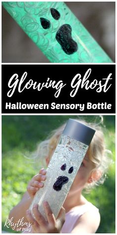 Glow in the Dark Halloween Sensory Bottle - Here's a fun DIY toy for kids, from toddlers to teens! Sensory bottles like this one are great for calming an anxious child and for no-mess, safe, sensory play. This one can also be used a luminary or lantern and Halloween decoration. | #RhythmsOfPlay #HalloweenFun #HalloweenParty #TrickorTreet #HalloweenSensoryBottle #HalloweenDecor #DIYHalloweenDecor #SensoryPlay #CalmDownBottles #DIYSensoryBottle Sensory Play Recipes, Diy Locker, Glow Halloween, Sensory Activities For Kids, Sensory Bottle, Halloween Sensory, Dark Ghost, Diy Wainscoting, Ghost Diy