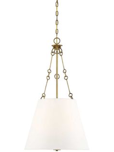 a brass chandelier with a white shade hanging from the ceiling, on a white background