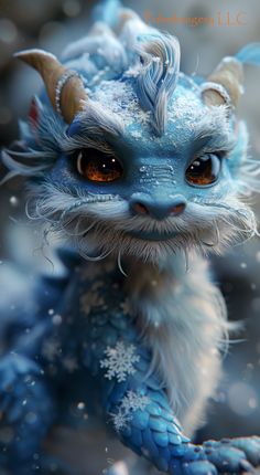 a blue and white dragon with horns on it's head is standing in the snow