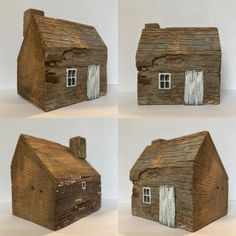 four different views of a small wooden house