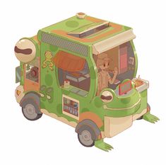 a green food truck with cartoon characters on it