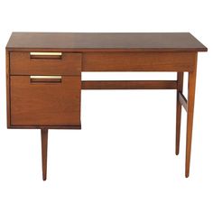 a wooden desk with two drawers on one side and an open drawer on the other