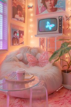 a living room filled with lots of furniture and decor on top of a pink rug