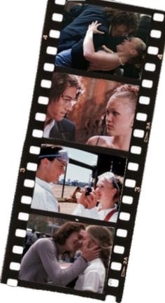 the film strip has four pictures of people kissing and one is holding a woman's head