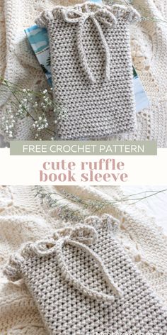 a crocheted bag with the text, free crochet pattern cute ruffle book sleeve