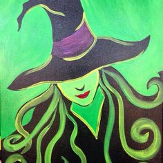 a painting of a woman wearing a witches hat