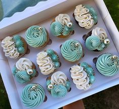 twelve cupcakes with blue and white frosting in a box on the grass