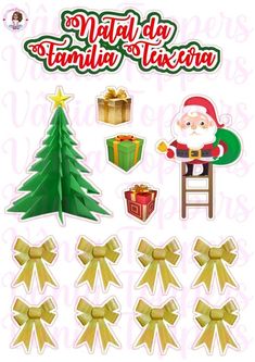 christmas stickers with santa claus and presents on the top, next to a tree