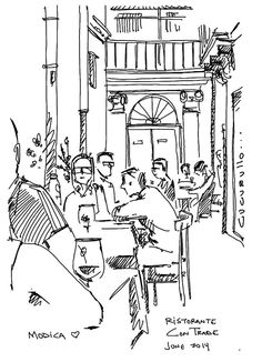 a drawing of people sitting at a table in front of a building with an archway